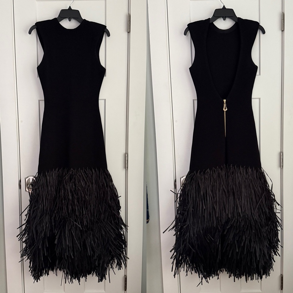 Aje Rushes Raffia Trimmed Ribbed Stretch Knit Dress Black - Picture 3 of 11